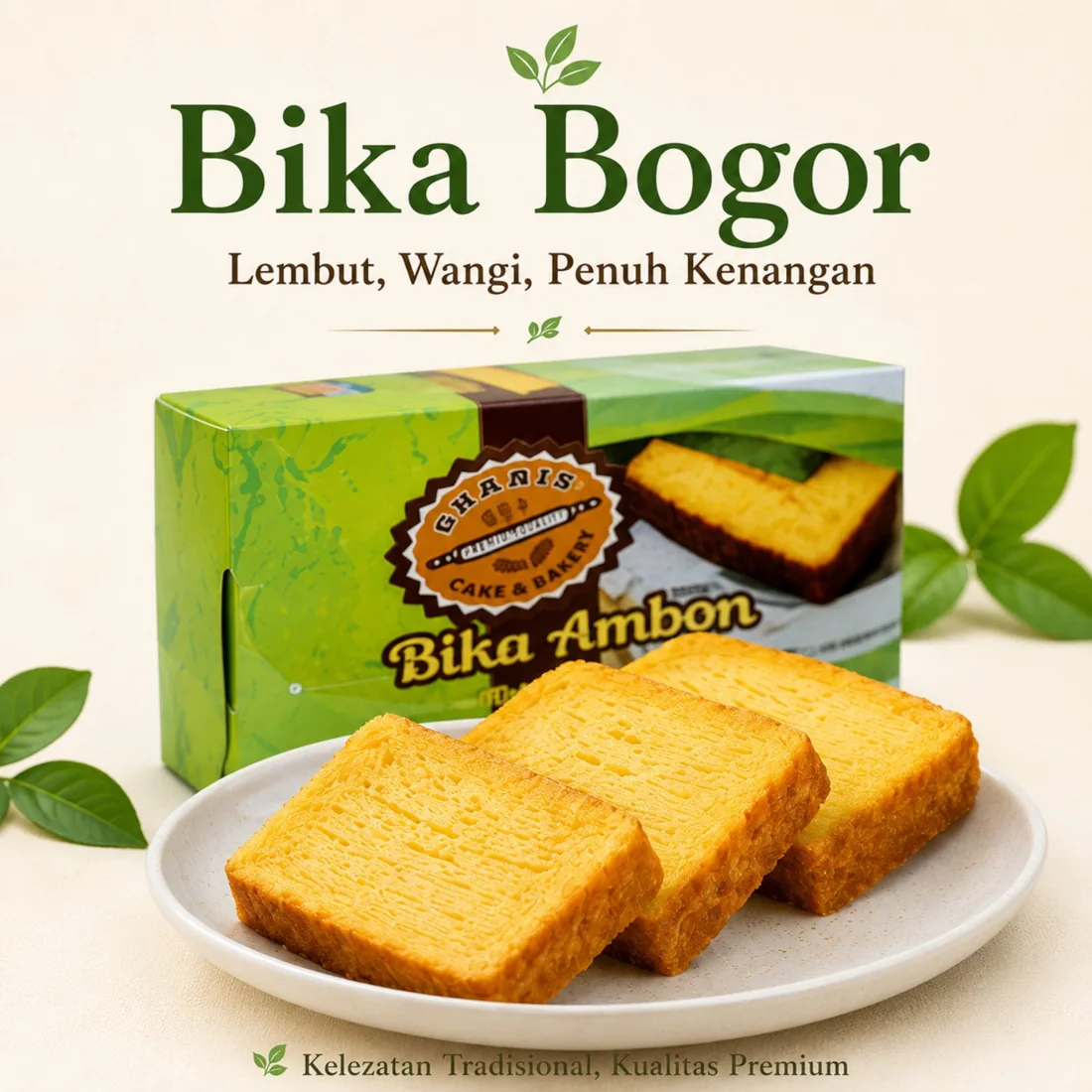 Produk Ghanis Bika Ambon Bogor dengan box dan potongan bika.
