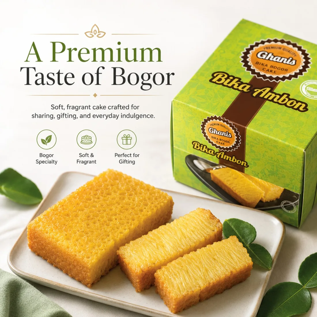Ghanis Bika Ambon Bogor dalam kemasan premium dan sajian potongan bika.